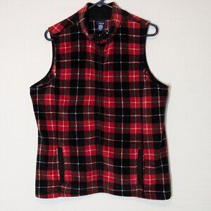 BASIC EDITIONS Red Plaid Fleece Full Zipper Collared Vest; Size L